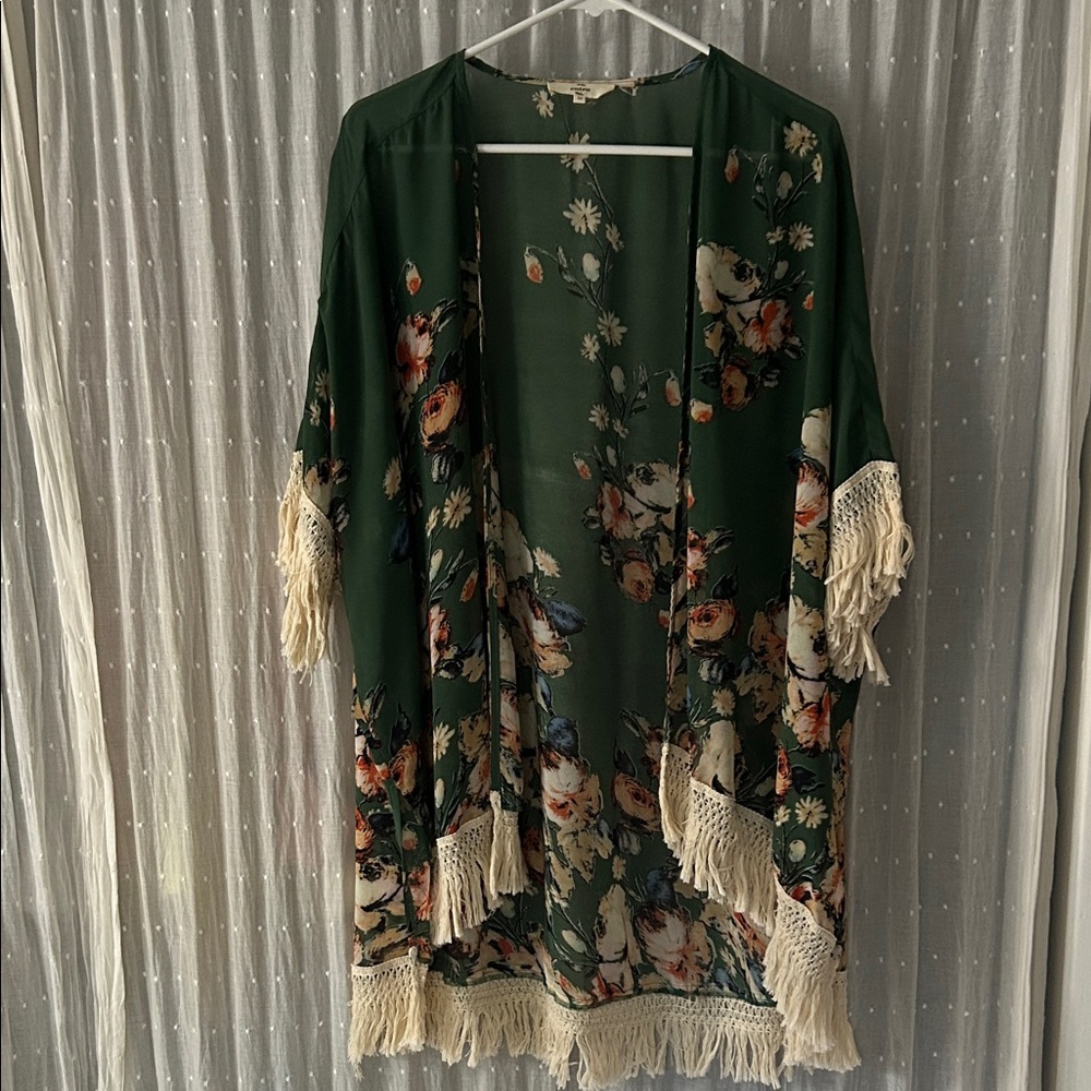 Green Floral Kimono with Fringe
